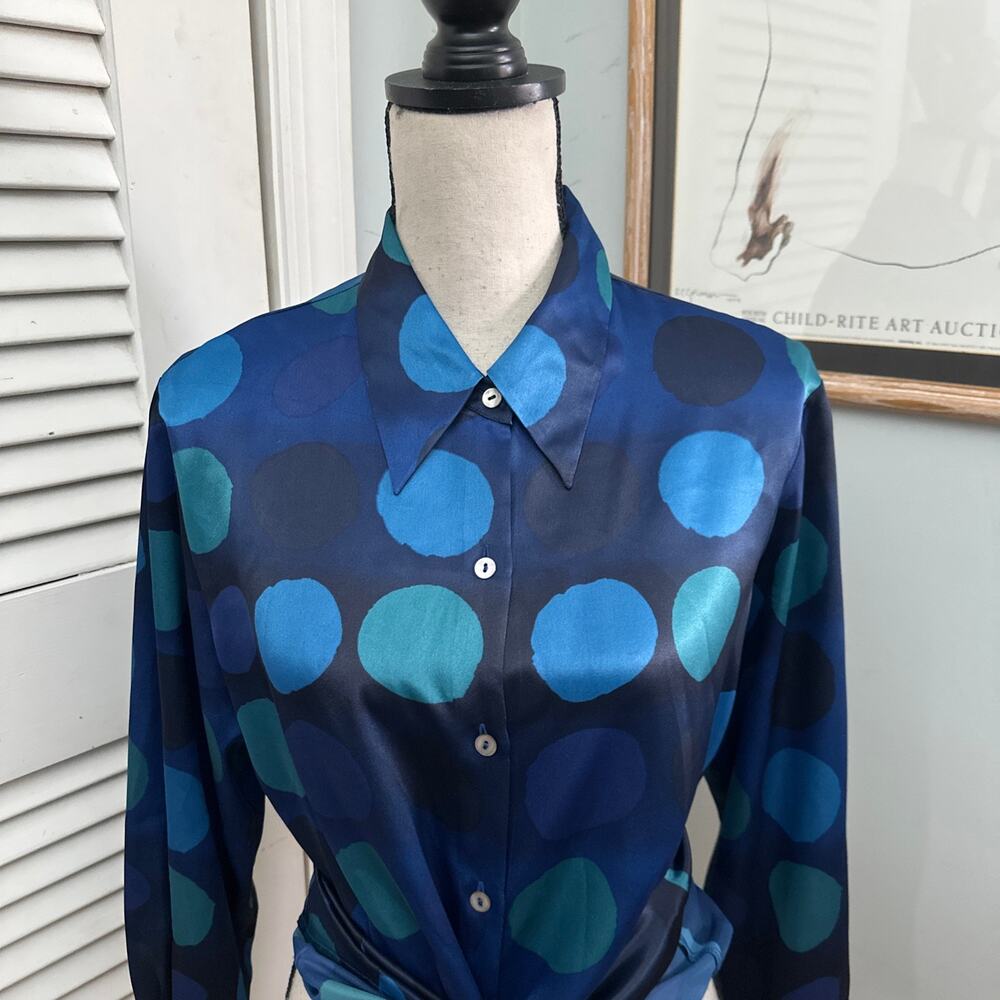 Vintage Next Blouse Womens Blue Satin Giant Polka Dot Tunic Retro Mod Chic